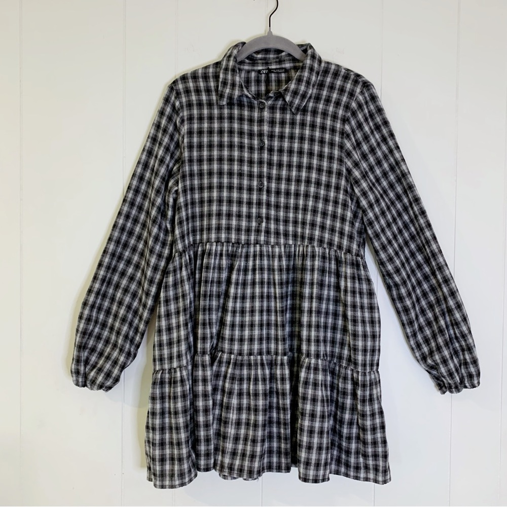 Zara Black & White Plaid Babydoll Shirt Dress M